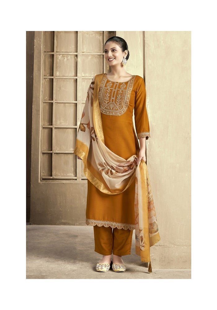 Malishka Export Embroidered Mustard Kurta Pant Set for Women - Image 4
